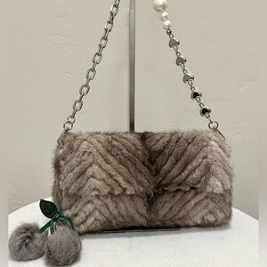 Gorgeous Real Mink Fur Handmade Zigzag Pattern Baguette Bag, Multi Use Style